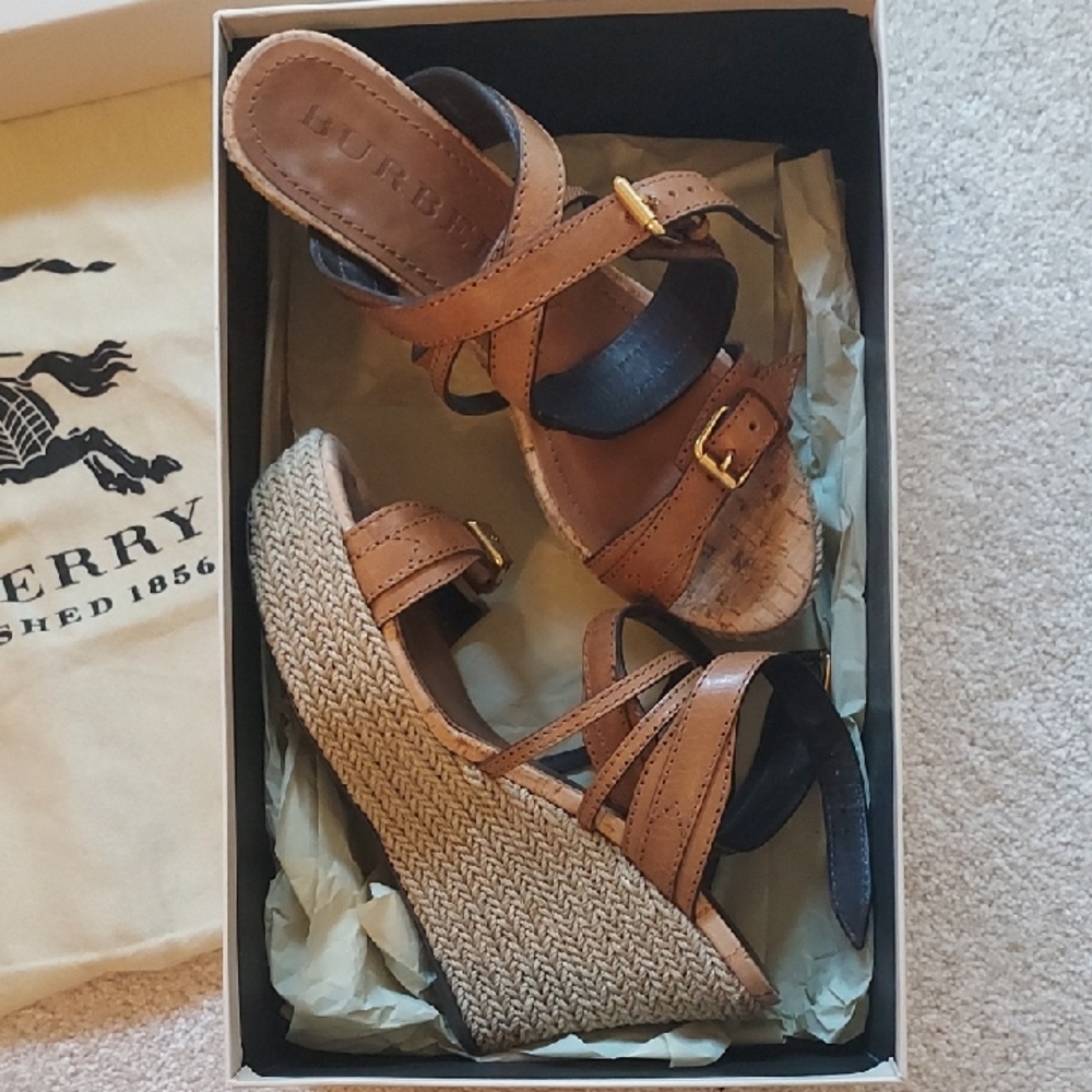 Burberry Tan and Black Wedge Sandals with Ankle Strap